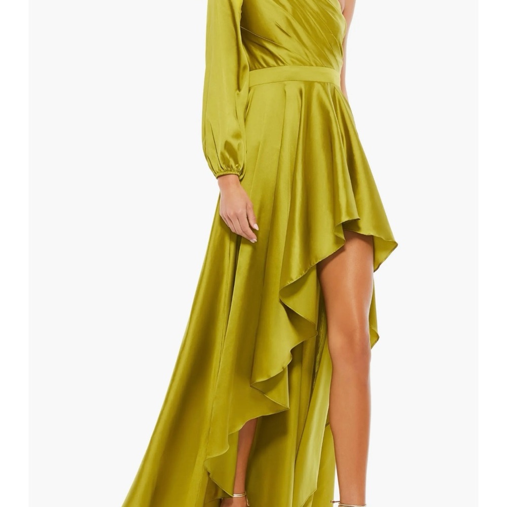 Mac Duggal High Low One Shoulder Chartreuse Green Gown.